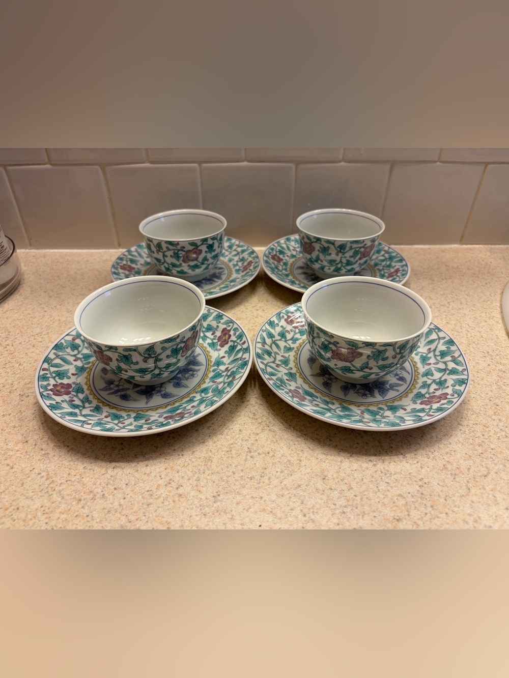 Vintage Arita Floral Porcelain Tea Cup and Saucer Set - Green and Pink
